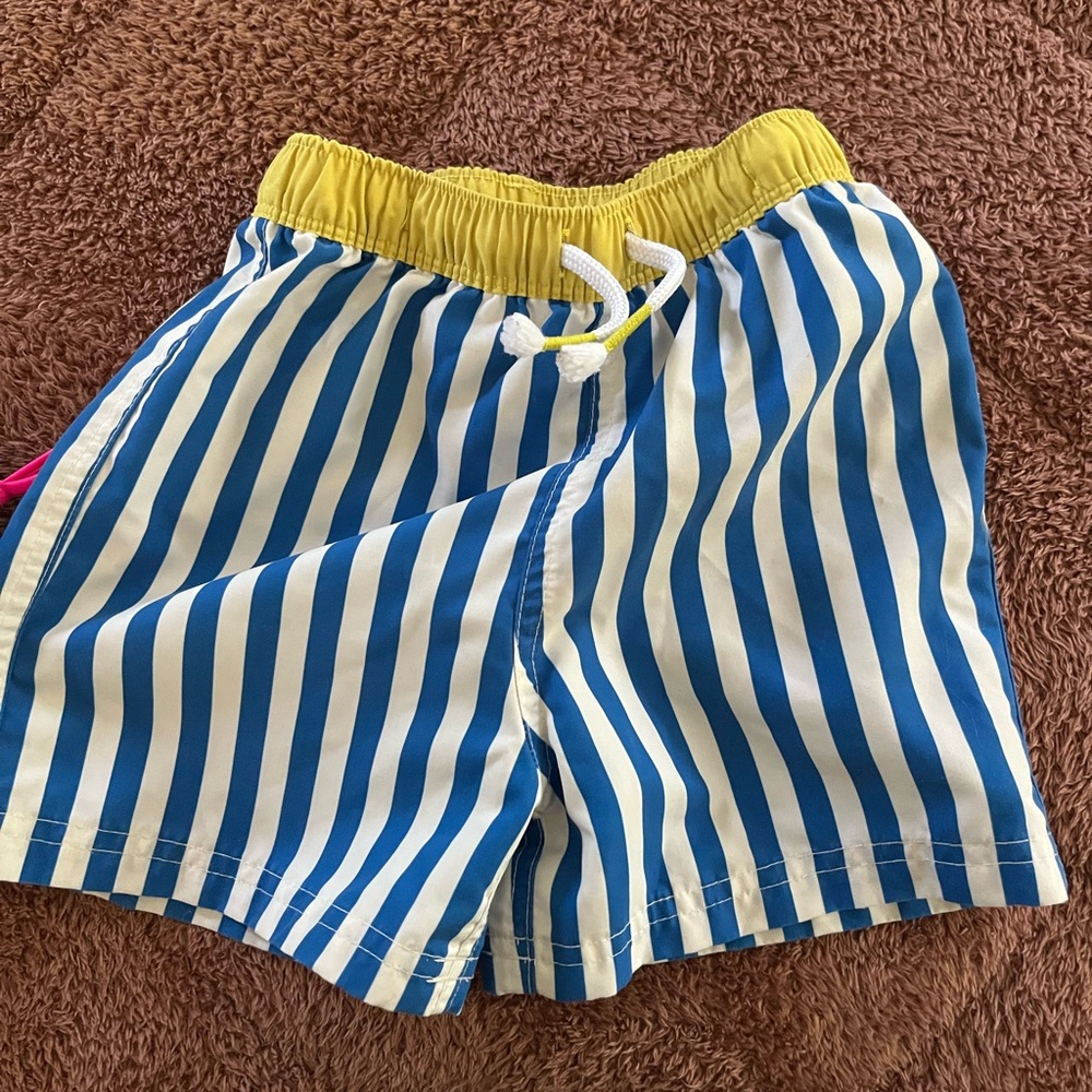Boden Blue and Yellow Swim Shorts with Vertical Stripes
